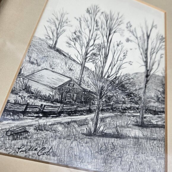 Vintage Lucille Cole Rural Landscape Drawing Framed Art Trees Cabin Signed 14x12 - Picture 4 of 11